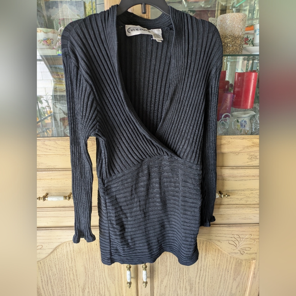 Wayne Rogers Vintage Ribbed Knit Silk Black Deep V Neck Long Sleeve Sweater L
